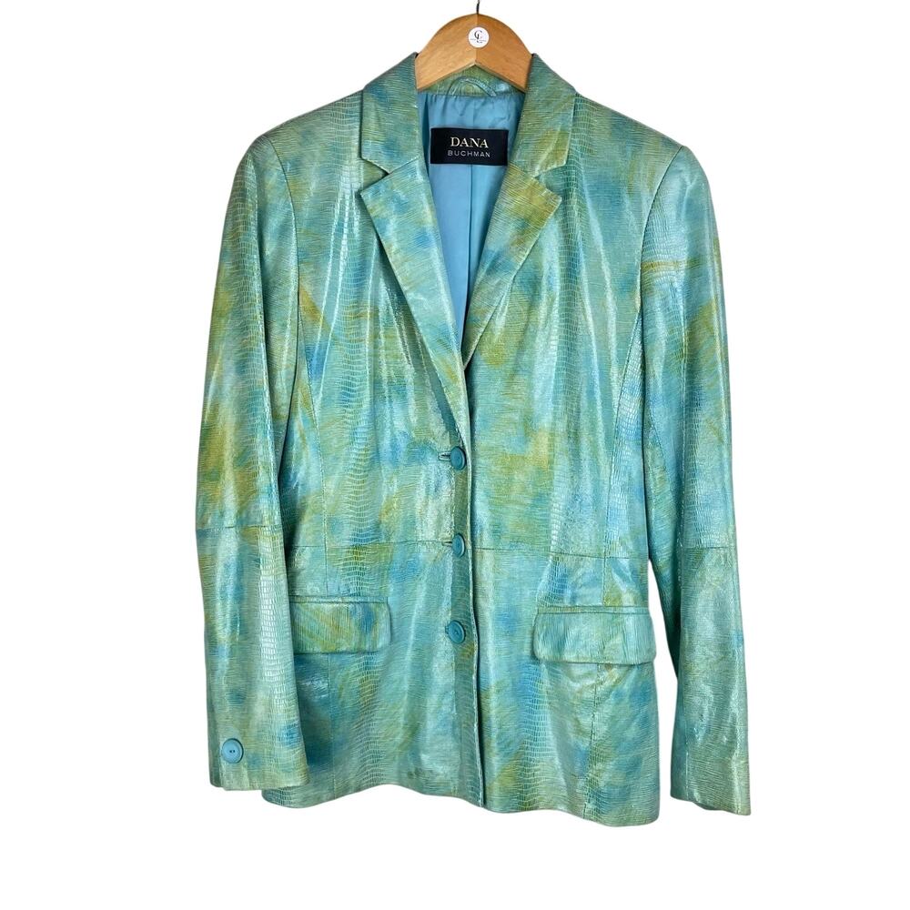 Dana Buchman Green and Blue 100% Leather Reptilian Pattern Button Up Blazer